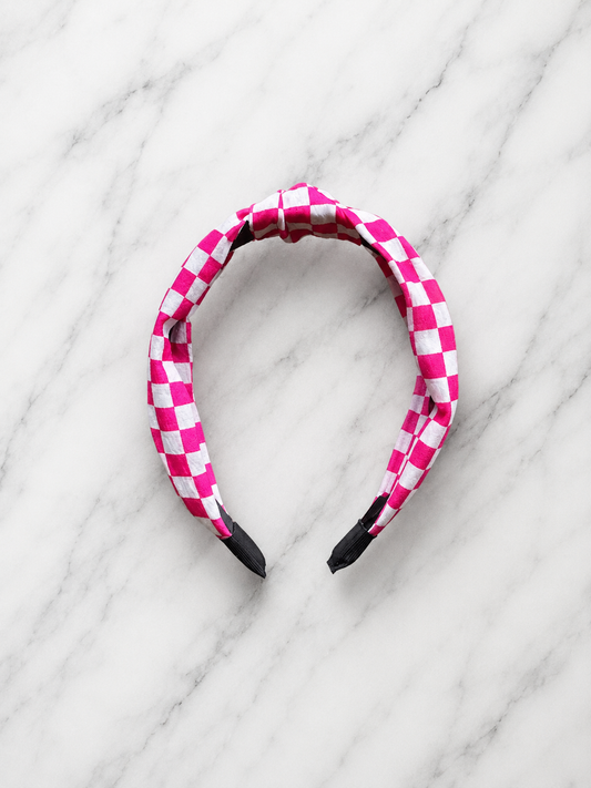 Pink/ White Checkered Knot Headband